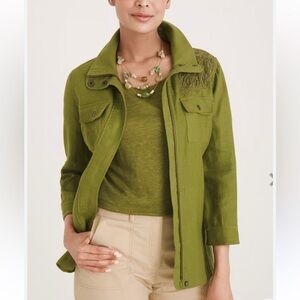 Chico's Beaded Linen Green Leaf Embroidered Jacket Womens Chico Size 2 -12/14